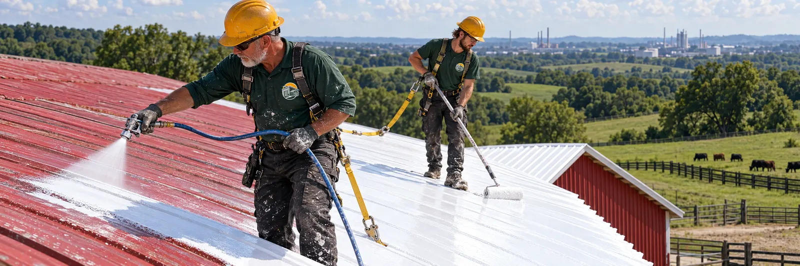 Crew in logo shirts spraying and rolling white coating over a rusty red metal roof near Georgetown, KY