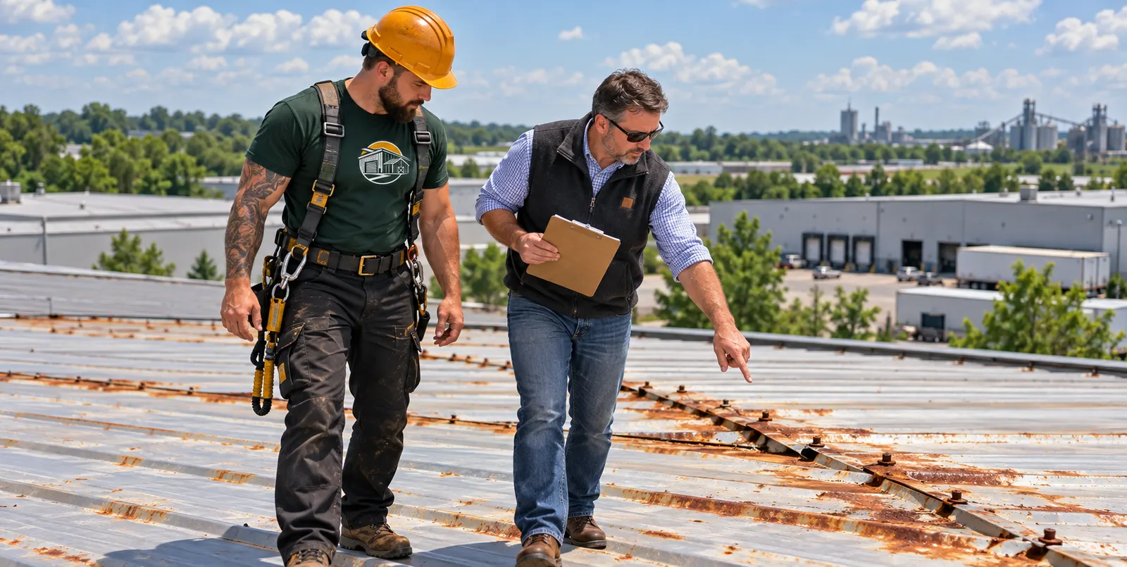 Roofer walking a commercial metal roof and checking screws and panel laps