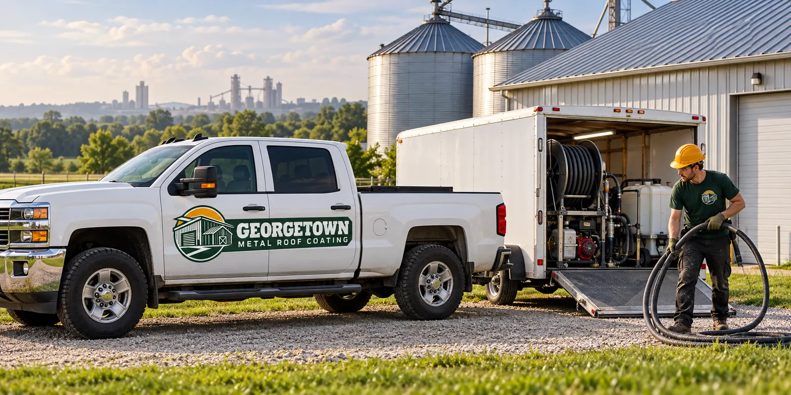 Logo work truck and coating rig parked beside a metal building and grain bins