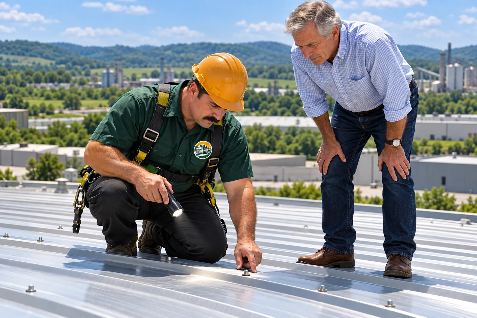 Roofer inspecting fasteners and seams on a metal roof before coating