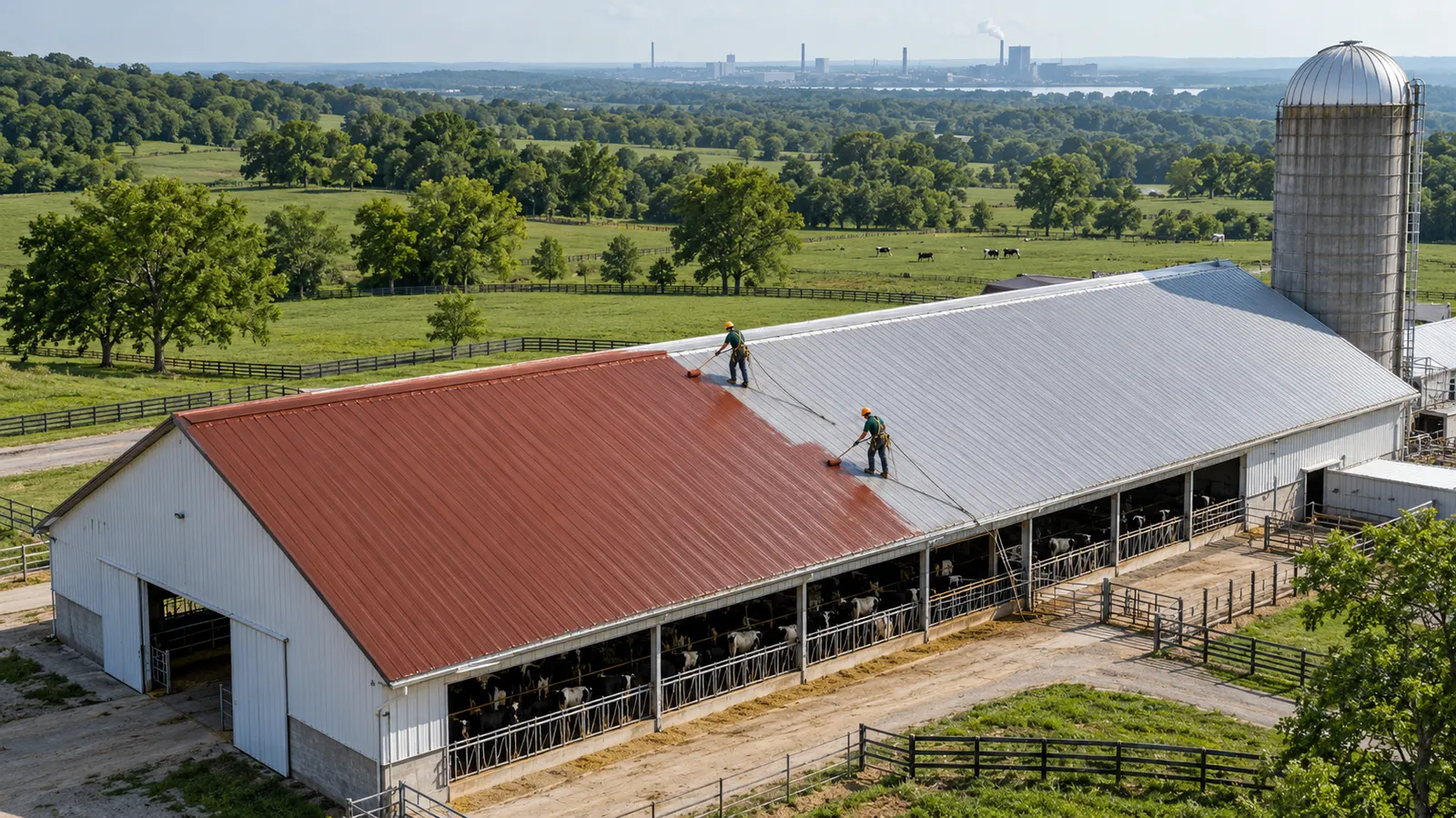 Aerial view of crew members on a long red metal barn roof beside a silo and paddocks