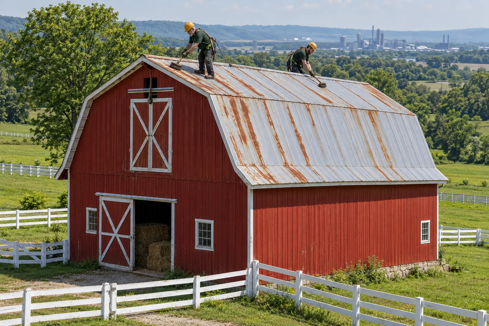 Crew prepping the rusty metal roof of a red gambrel barn before primer