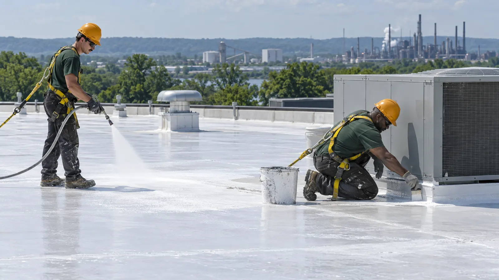 Crew rolling silicone coating along the low edge of a metal roof