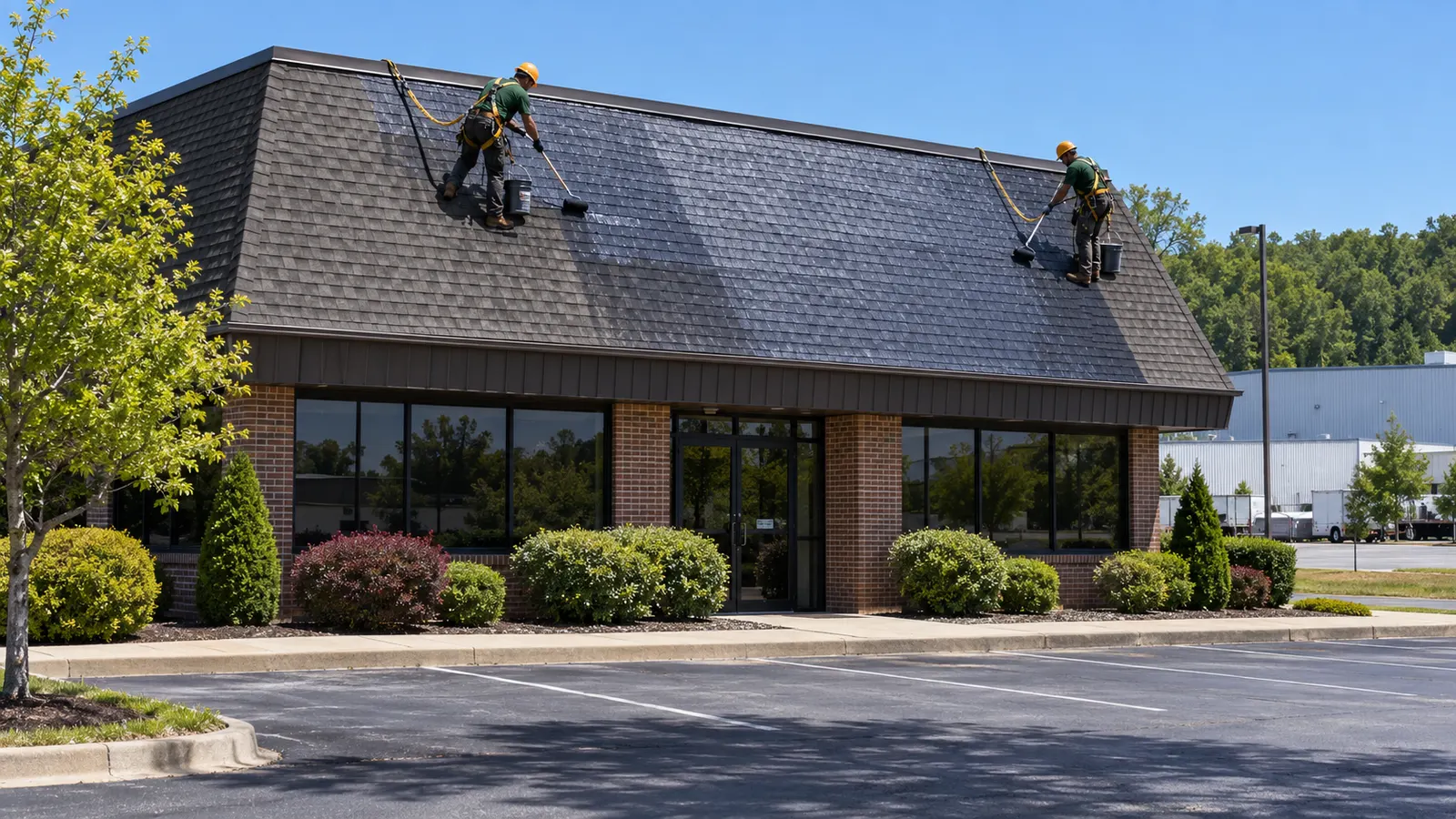 Crew coating an asphalt shingle roof on a commercial building