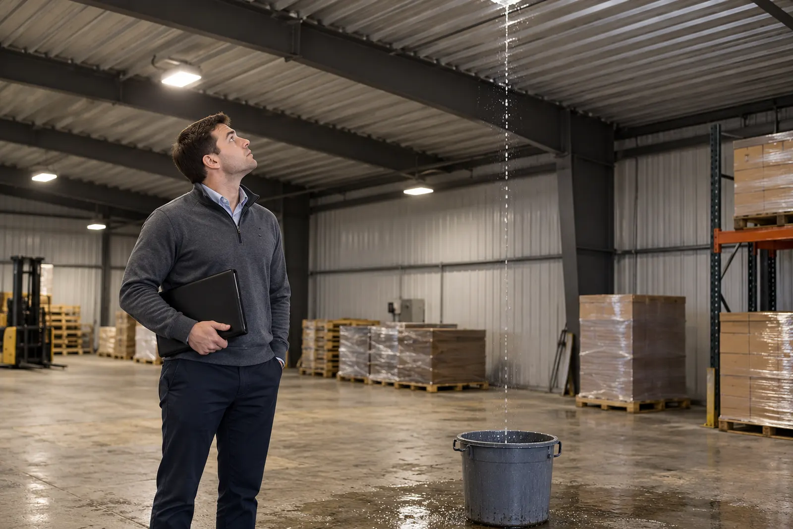 Facility manager looking up at a roof leak dripping into a bucket inside a metal warehouse