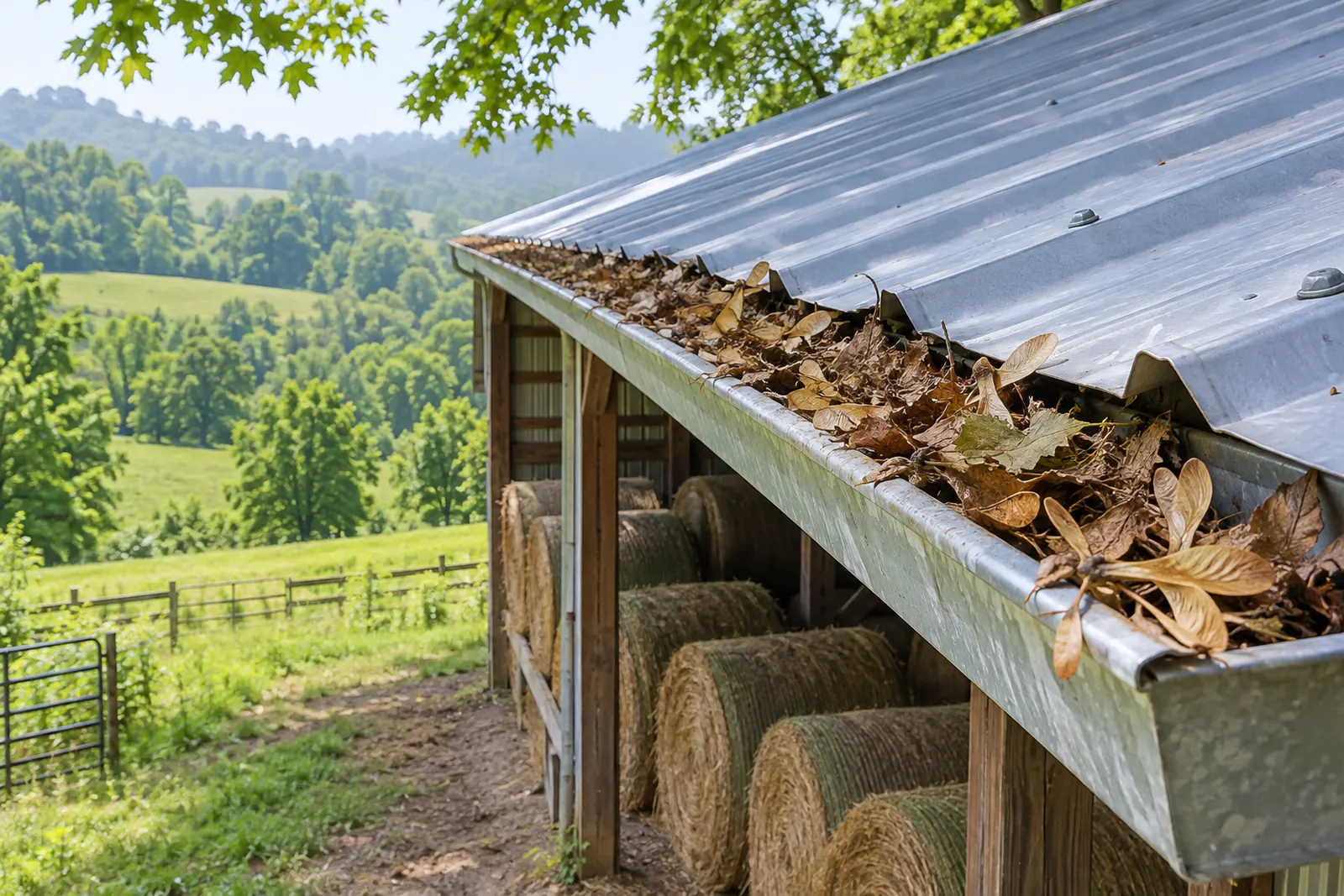 Metal roof gutter packed with leaves above stored hay bales
