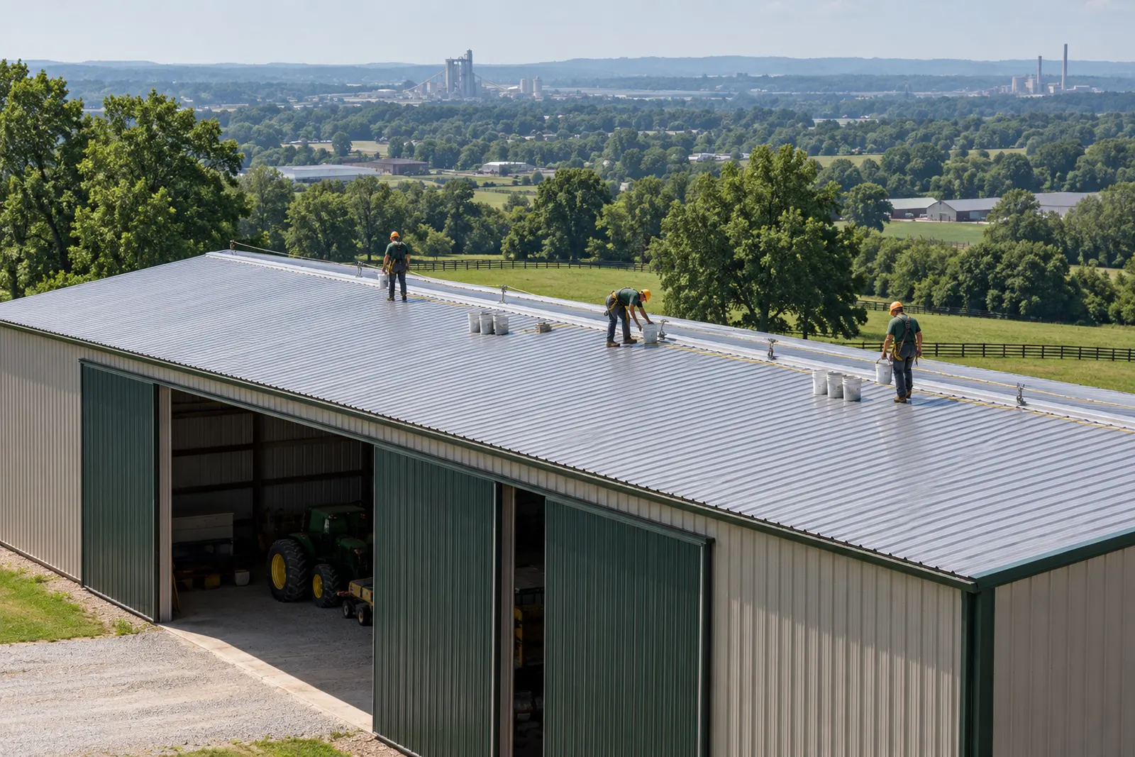 Crew working across the metal roof of a large equipment building with open bay doors