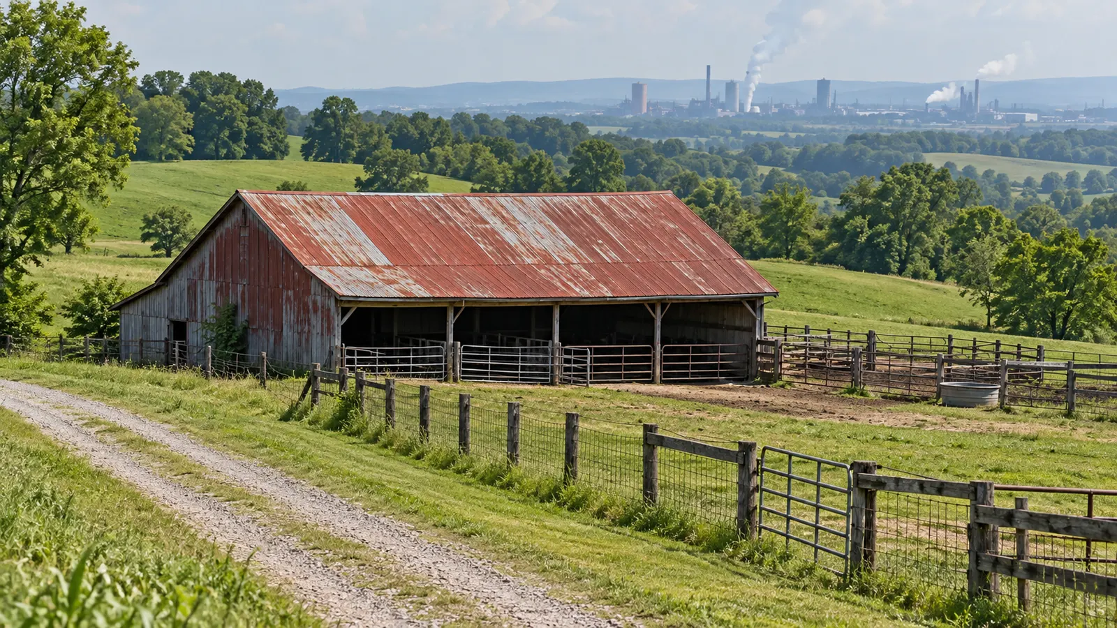 Open-sided farm barn with a rusty metal roof beside a fenced lot