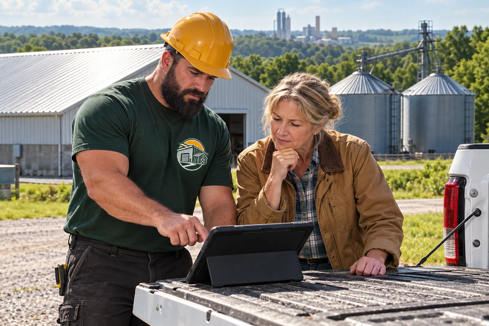 Roofer reviewing roof findings on a tablet with a property owner at a truck tailgate